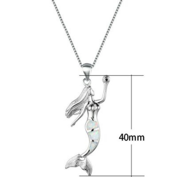 925 Silver Mermaid Green Fire Opal Necklace - Picture 3 of 4